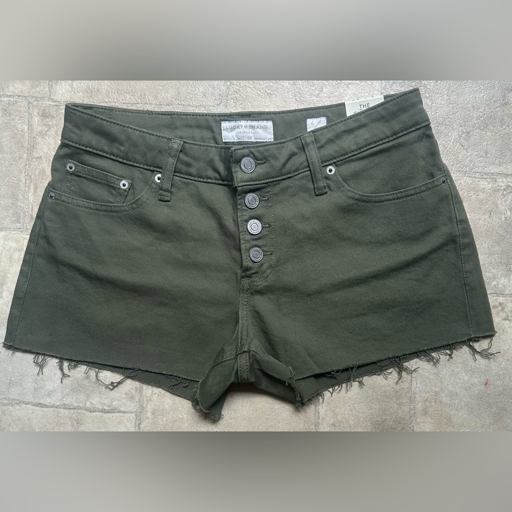 NWT Lucky Brand 'The Cut Off' Women's Jean Shorts Classic Green Distressed Sz 4